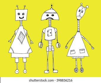 A set of robots. Newcomers. Aliens. Line art. Black and white drawing by hand. Stylized.