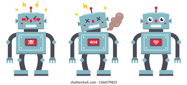 set of robots on a white background. evil, broken and kind iron cyborg. Vector flat character illustration. children's toy