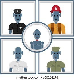 Set of robots: policeman, firefighter, doctor, soldier. Flat & retro design.