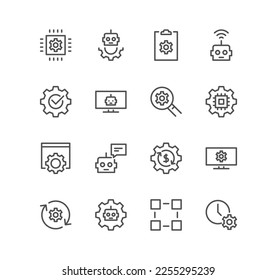 Conjunto de robots relacionados y robots de automatización de procesos, autopilot, chatbot, bots rotos y vectores de variedad lineal.