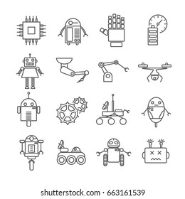 Set of robots Related Vector Line Icons. Includes such Icons as robotics, machines, equipment, engineering, automated machinery, gears, chip