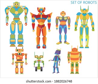 A set of robots. Silhouettes of robots. Vector set.