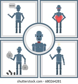 Set of robots: sociable, sensual, strong, intelligent. Flat & retro design.