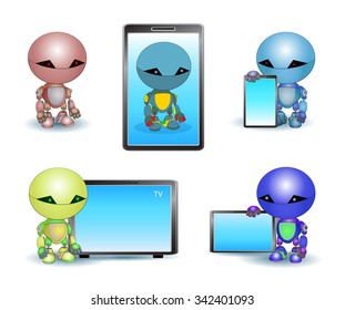 Set of robots with technical device. White background.