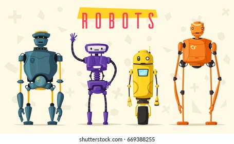 Set of robots. Technology, future. Cartoon vector illustration