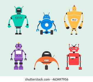 Set of robots. Vintage style. Cartoon vector illustration. Friendly cyborg