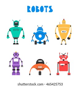 Set of robots. Vintage style. Cartoon vector illustration. Friendly cyborg