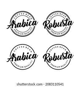 Set von Robusta, Arabica, Kaffeebohnen-Logo handschriftlich mit Etikettenschild-Design Vektorvorlage