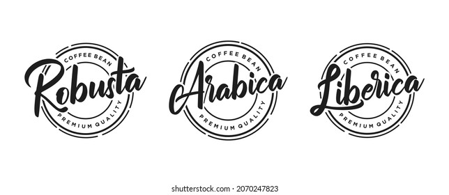 Set von Robusta Arabica Liberica Kaffee-Logo handschriftlich Beschriftung mit Etikettenschild Design Vektorvorlage
