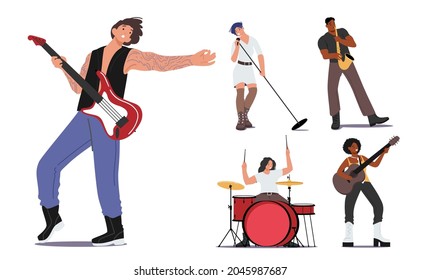 Set Rock Band Performing on Stage. Electric and Acoustic Guitarist, Drummer, Singer, Saxophone Player Artists in Rocking Outfit Playing with Musical Instruments, Show. Cartoon Vector Illustration