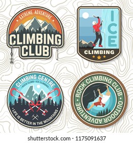 Set of Rock Climbing club badges. Vector illustration. Concept for shirt or print, stamp, patch or tee. Vintage typography design with climber, carabiner and mountains. Extreme adventure.