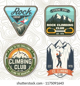 Set of Rock Climbing club badges. Vector illustration. Concept for shirt or print, stamp, patch or tee. Vintage typography design with climber, carabiner and mountains. Extreme adventure.