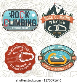 Set of Rock Climbing club badges. Vector illustration. Concept for shirt or print, stamp, patch or tee. Vintage typography design with climber, carabiner and mountains. Extreme adventure. Set of Rock Climbing club badges. Vector illustration. Concept for shirt or print, stamp, patch or tee. Vintage typography design with climber, carabiner and mountains. Extreme adventure.