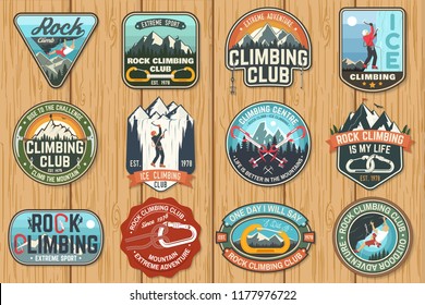 Set of Rock Climbing club badges on the wood board. Vector. Concept for shirt or print, stamp, patch or tee. Vintage typography design with climber, carabiner and mountains. Extreme adventure.