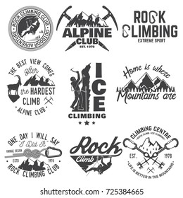 Set of Rock Climbing club badges. Vector illustration. Concept for shirt or print, stamp or tee. Vintage typography design with climber, carabiner and mountains. Extreme adventure.