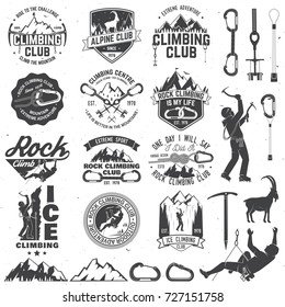 Set of Rock Climbing club badges with design elements. Vector illustration. Concept for shirt or print, stamp or tee. Vintage typography design with climber, carabiner and mountains. Mountain climbing