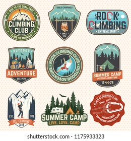 Set of Rock Climbing club and summer camp badges. Vector Concept for shirt or print, stamp, patch or tee. Vintage typography design with camping tent, trailer, camper, climber, carabiner and mountains