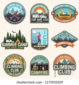 Set of Rock Climbing club and summer camp badges. Vector Concept for shirt or print, stamp, patch or tee. Vintage typography design with camping tent, trailer, camper, climber, carabiner and mountains