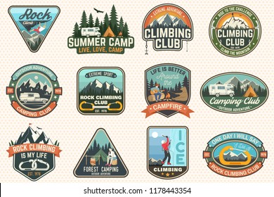 Set of Rock Climbing club and summer camp badges. Vector Concept for shirt or print, stamp, patch or tee. Vintage typography design with camping tent, trailer, camper, climber, carabiner and mountains