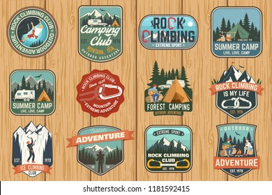 Set of Rock Climbing club and summer camp badges. Vector Concept for shirt or print, stamp, patch or tee. Vintage typography design with camping tent, trailer, camper, climber, carabiner and mountains