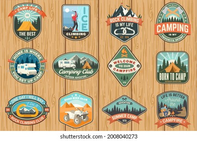 Set of Rock Climbing club and summer camp badges. Vector Concept for shirt or print, stamp, patch or tee. Vintage typography design with camping tent, trailer, camper, climber, carabiner and mountains