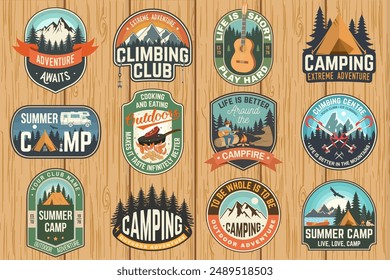 Set of Rock Climbing club and summer camp badges. Vector. Concept for shirt or print, stamp, patch. Vintage typography design with camping tent, trailer, camper, climber, carabiner and mountains.