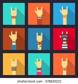 Set of rock hands icons. Flat design