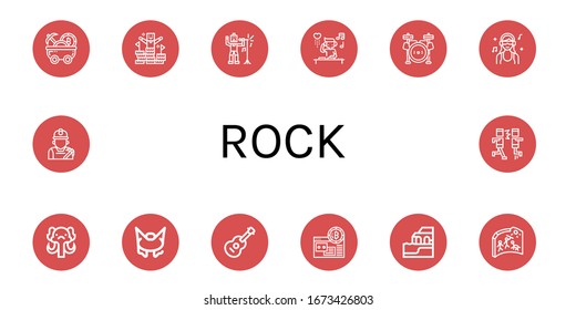 Set of rock icons. Such as Mine cart, Peak, Singer, DJ, Drum set, Mammoth, Bungee jumping, Guitar, Mining, Algarve, Cave painting, Miner, Mosh , rock icons