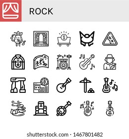 Set of rock icons such as Stage, Singing, Mine, Bungee jumping, Falling rocks, Jukebox, Cave painting, Drum kit, Guitar, Musician, Dolmen, Mining, Stones, Moai, Banjo , rock