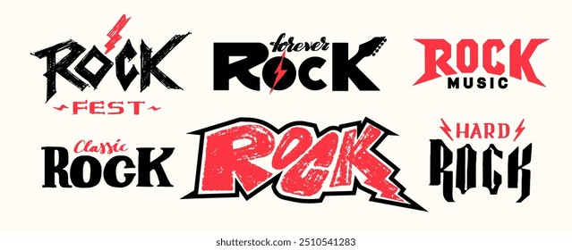 Set of Rock logo. Decorative font word. Rock hand drawn inspiration quote. Music typography. Calligraphic hand drawn lettering vector poster. Template for poster, banner, postcard, motivator or part.