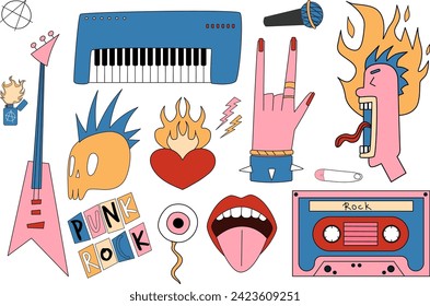 A set of rock and metal objects. Singer and musical instruments. Punk rock illustration.