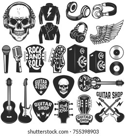 Set of the rock music design elements. Guitar shop. Design elements for logo, label, emblem, sign, poster. Vector illustration