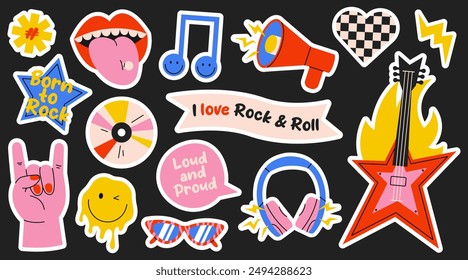 Set of rock music elements in retro style. Stickers, patches and labels for decoration.