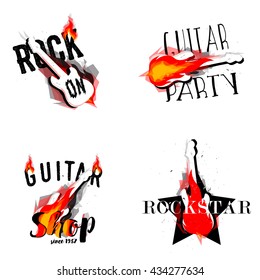 Set of rock music logos, rock burning guitars. Rock on, Guitar party, Guitar Shop, Rockstar labels, badges, signs and design elements.