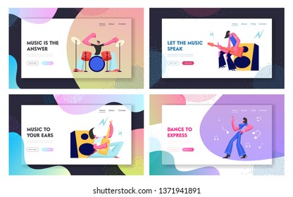 Set Rock Music Players and Girl Dancer. Musical Hobby and Occupation. Guitarist, Drummer and Dancer on Stage. Talented People Website Landing Page, Web Page. Cartoon Flat Vector Illustration, Banner