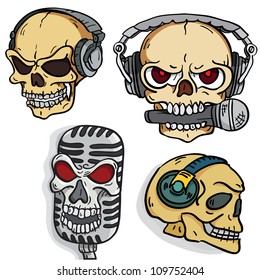 Set of rock music skulls in headphones and microphones