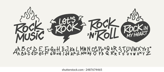 Set of Rock n Roll doodle typography with hand written type font. Rock Music quotes dsgn.  Rock Party elements. Rock music signs for print tee and poster design (set 2)