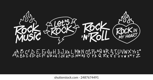 Set of Rock n Roll doodle typography with hand written type font. Rock Music quotes dsgn. Rock Party elements. Rock music signs for print tee and poster design (set 1)