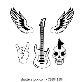 Set of rock n roll symbols as electric guitar, punk skull, crown hand gesture and two wings vector illustrations in black and white colors