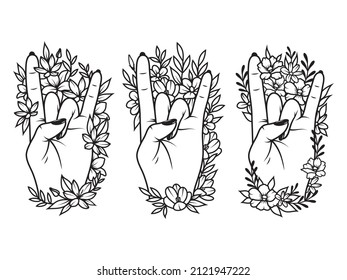 Set of rock on hand. Collection of female hands with a flower arrangement. Design for clothes. Vector illustration isolated on white background.