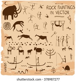 Set rock paintings in vector 