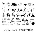 Set of rock paintingsof prehistoric humans. Collection of rock paintings with scenes of hunting and life. Ancient art. Vector illustration on white background. 