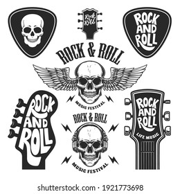 Set Of Rock And Roll Emblems. Design Element For Poster, Card, Banner, Sign, Logo. Vector Illustration