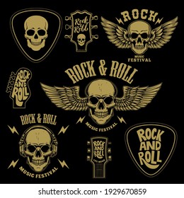 Set of rock and roll emblems. Design element for poster, card, banner, sign, logo. Vector illustration