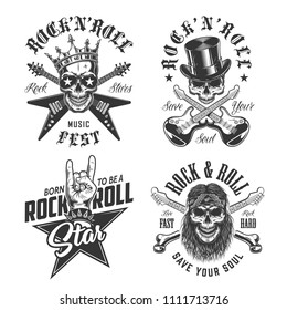 Set of rock and roll emblems in vintage retro style. Vector illustration