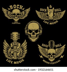 Set of rock and roll emblems.Winged rock guitar. Design element for poster, card, banner, sign, logo. Vector illustration
