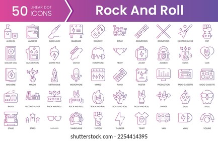 Conjunto de iconos de rock and roll. Conjunto de iconos de estilo de degradado. Ilustración vectorial