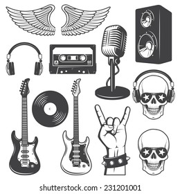 Set Of Rock And Roll Music Elements. Monochrome