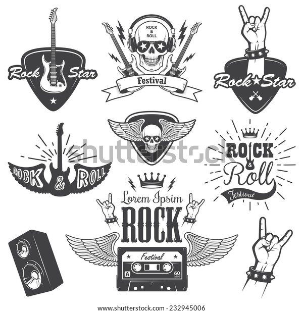 Set of rock and roll music emblems,\
labels, badges and design elements. Heavy metal\
design.