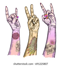 Set of Rock and Roll music hand sign. Hand drawn girl and guy style fist demon symbol. Female and male wrist evil finger gesture. Woman and man hands with flesh tattoos showing Satan sign. Vector.